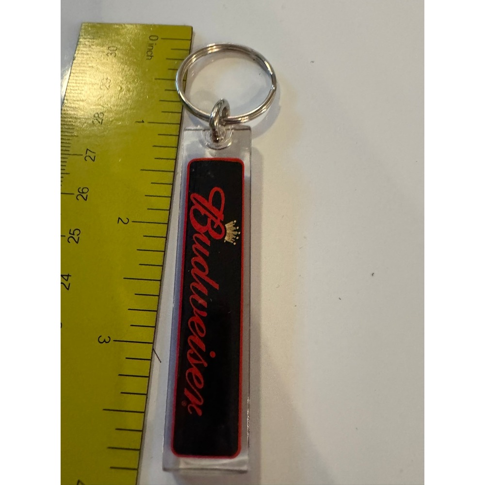 Budweiser Beer Keychain Clear Acrylic Black Red Script‎ Logo Gold Crown Vintage